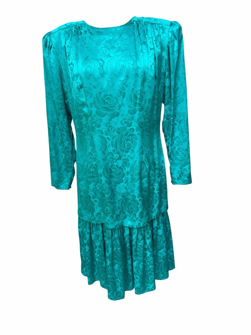 Deadstock Late 80s Argenti 100% Silk Teal Jacquard Weave Tonal Damask Drop Waist